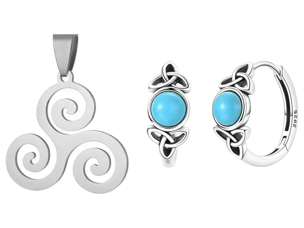 Triskele pendant beside trinity knot hoop earrings