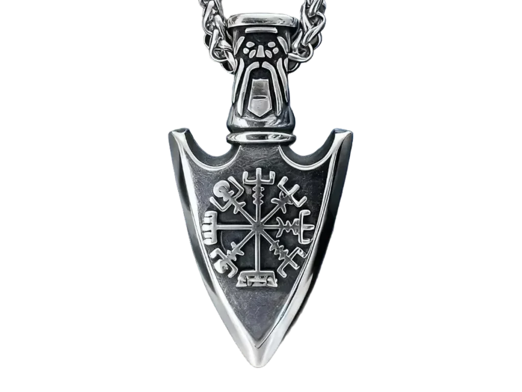 Spearhead pendant with the Vegvísir, in stainless steel