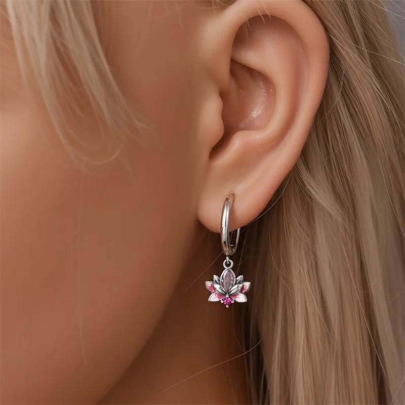 Pink lotus huggie earrings