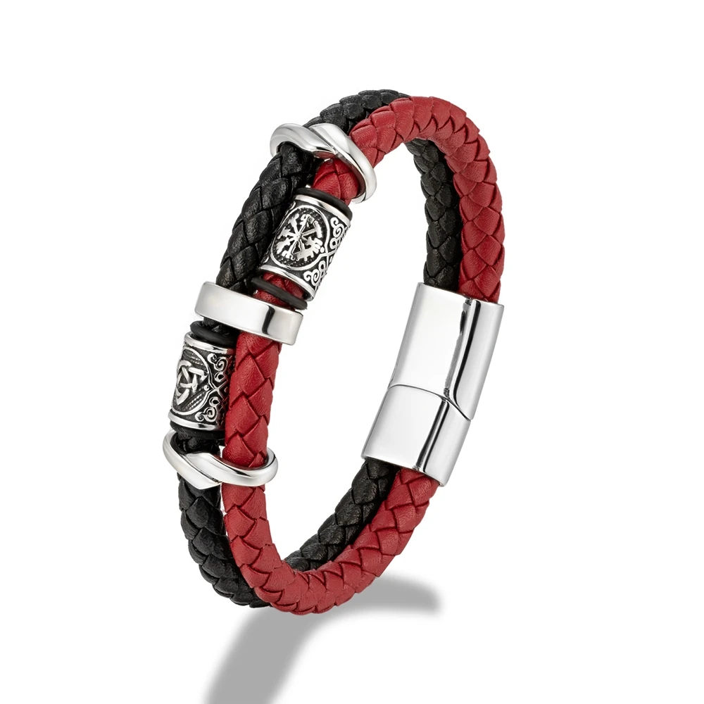 Red and black leather rune bracelet