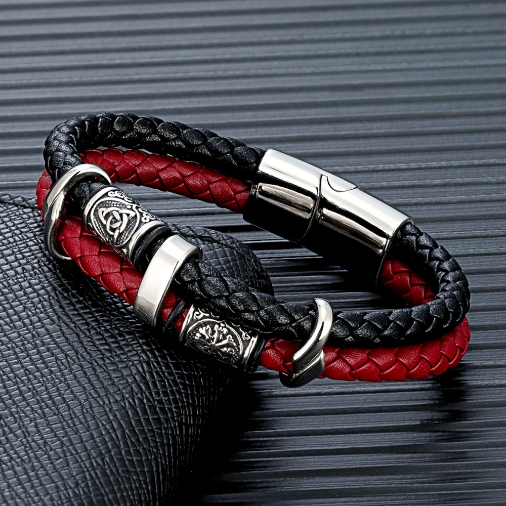 Red and black leather rune bracelet