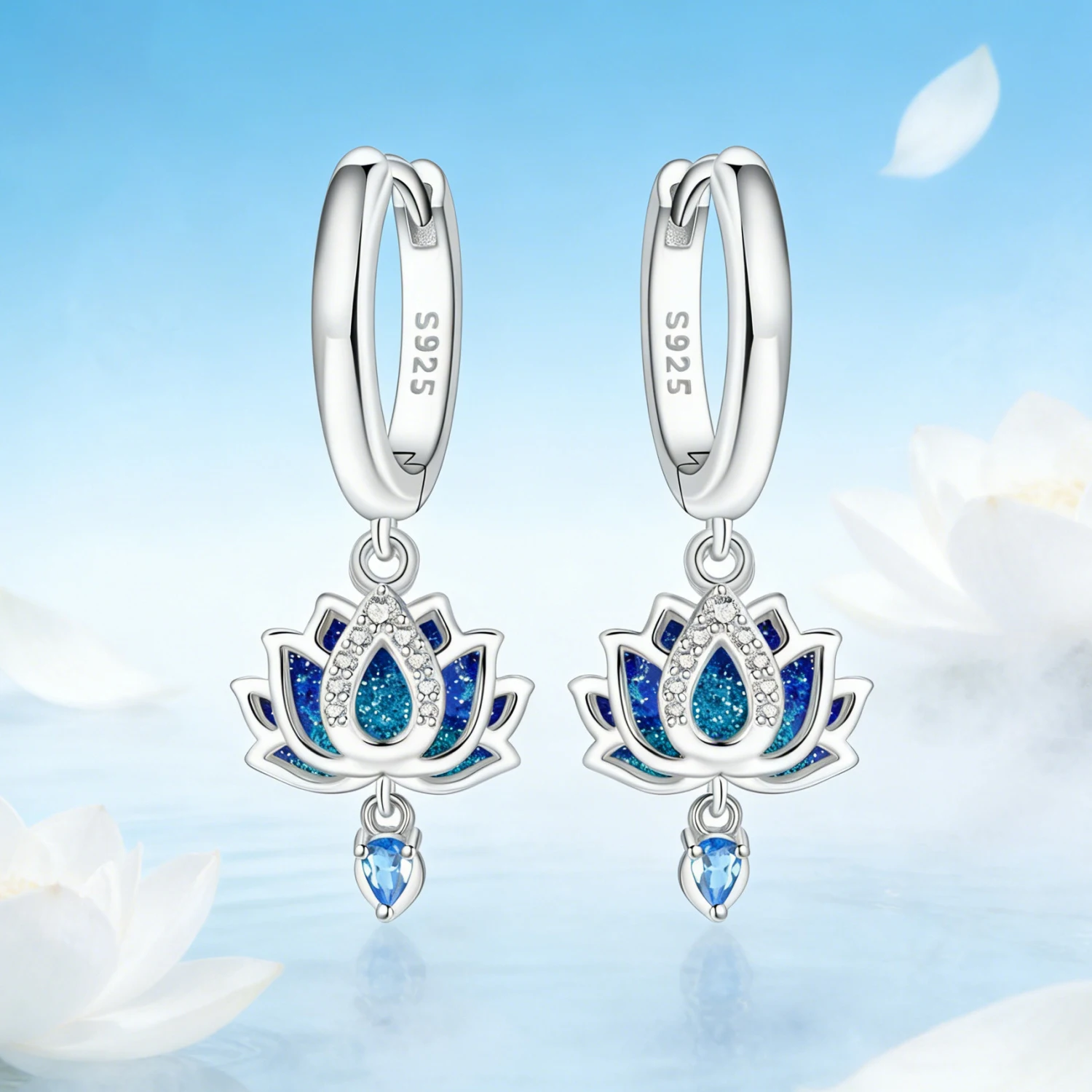 Sterling silver blue lotus earrings