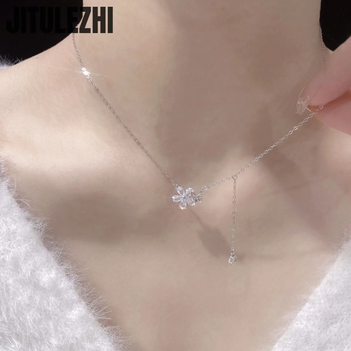 Sterling silver flower necklace with crystals