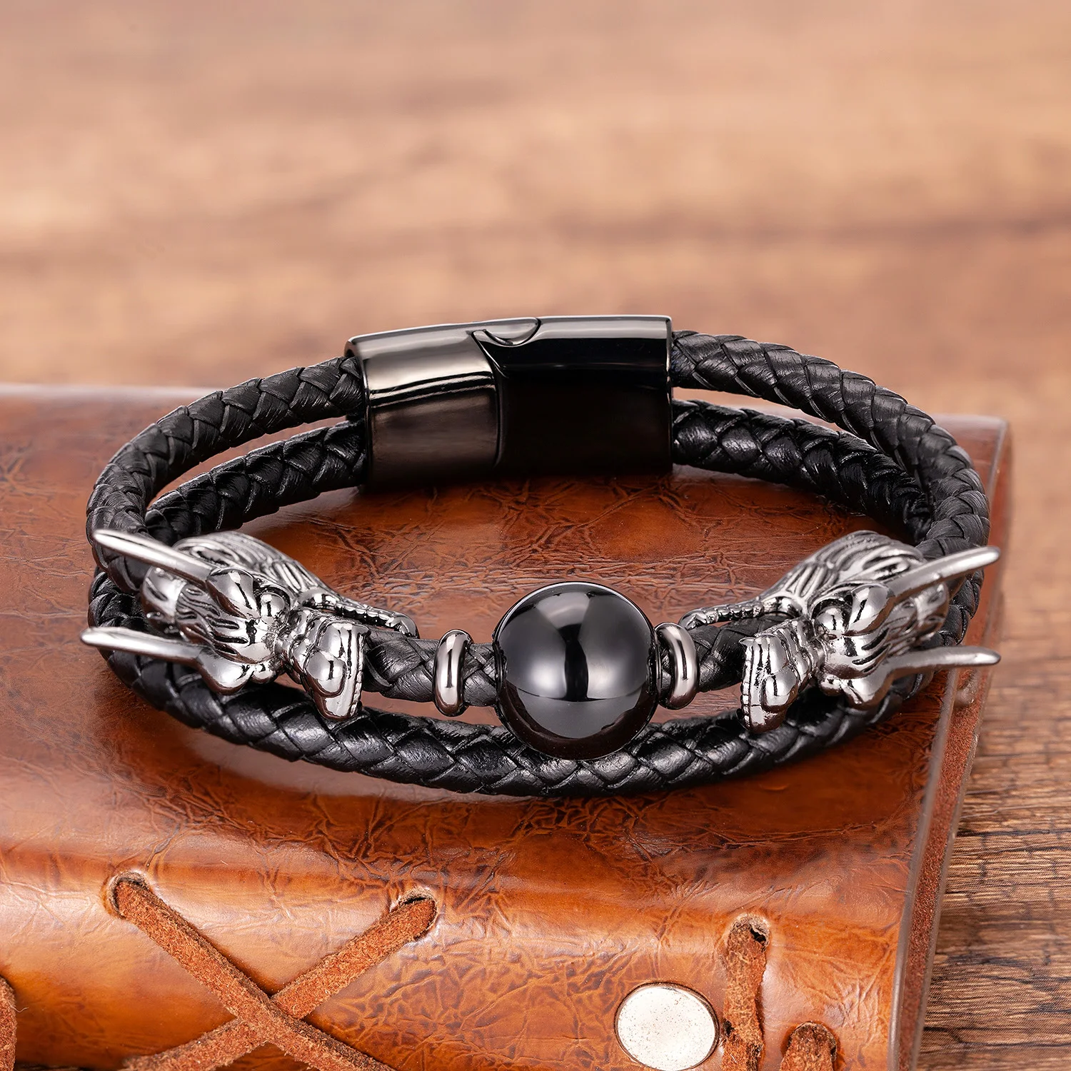 Twin dragon bracelet with black agate