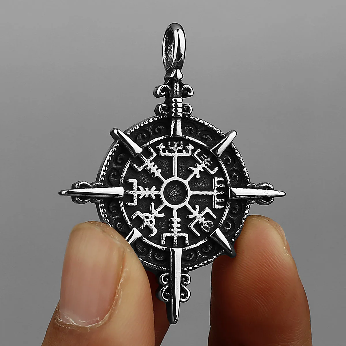 Vegvísir pendant with runes