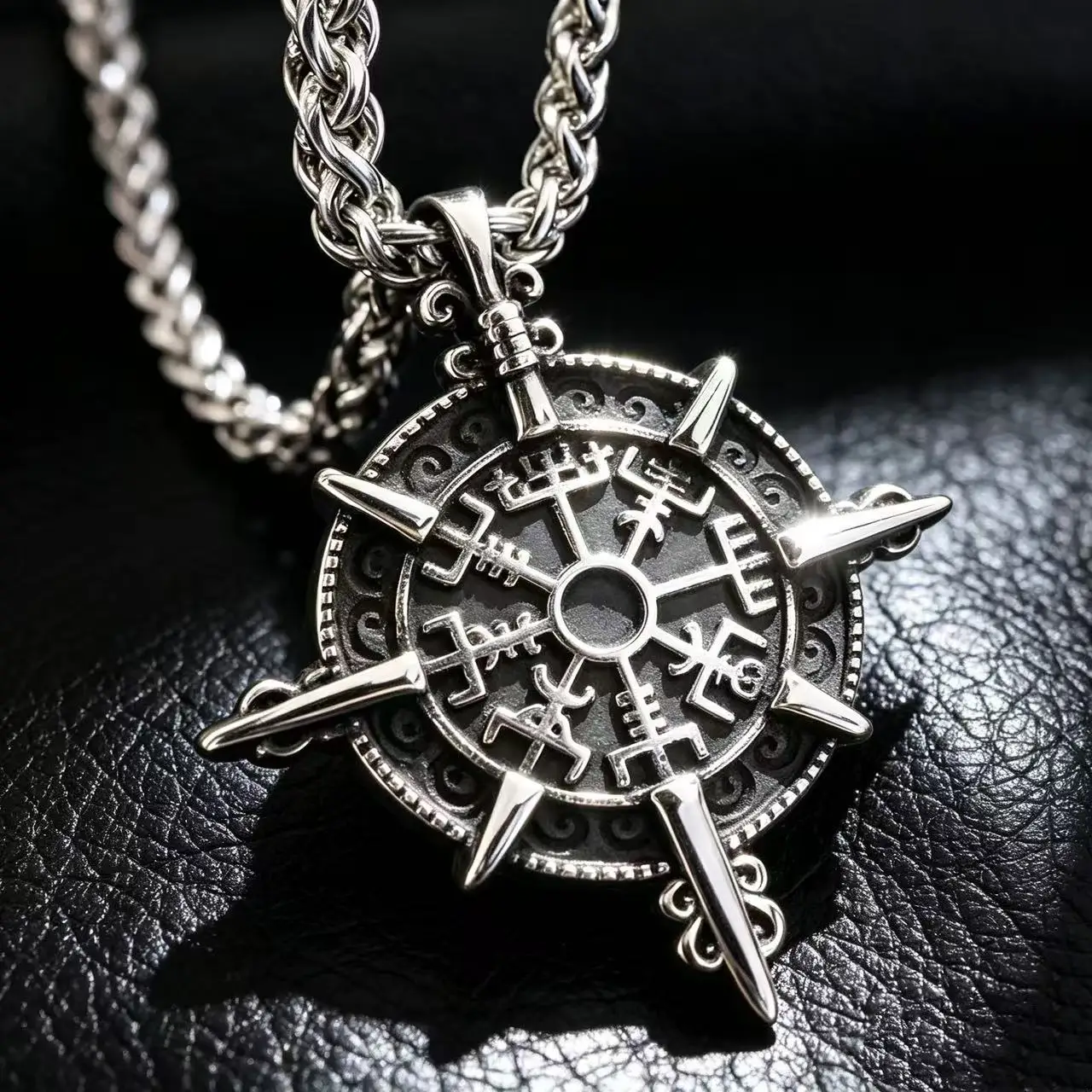 Vegvísir pendant with runes