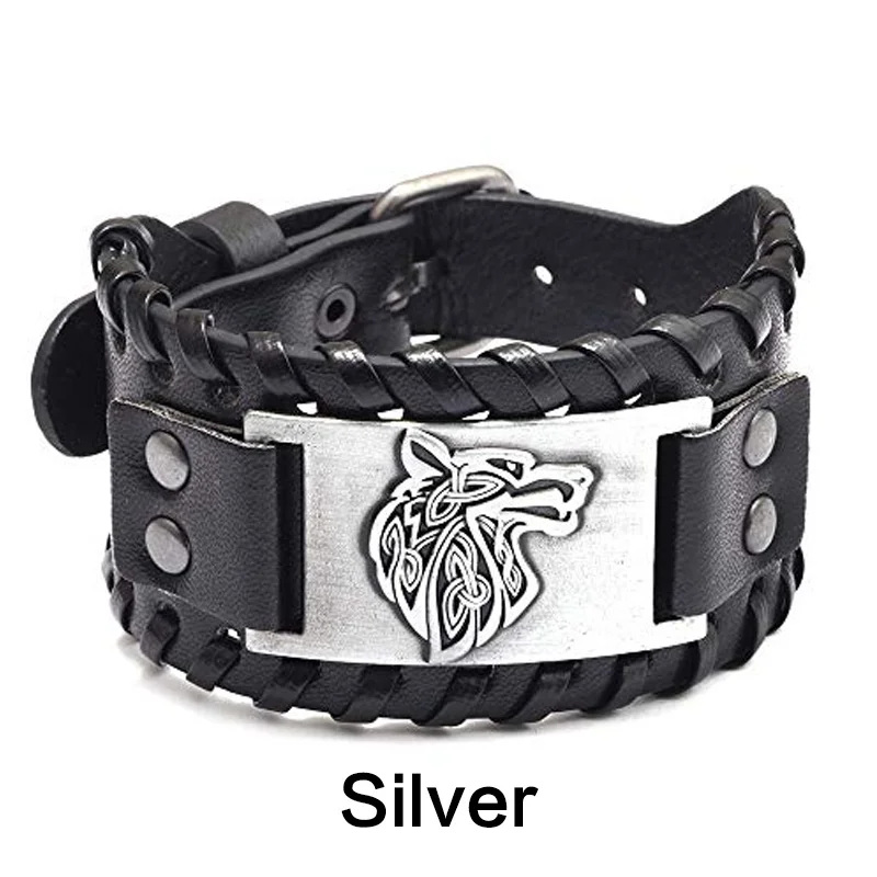 Wide leather wolf bracelet
