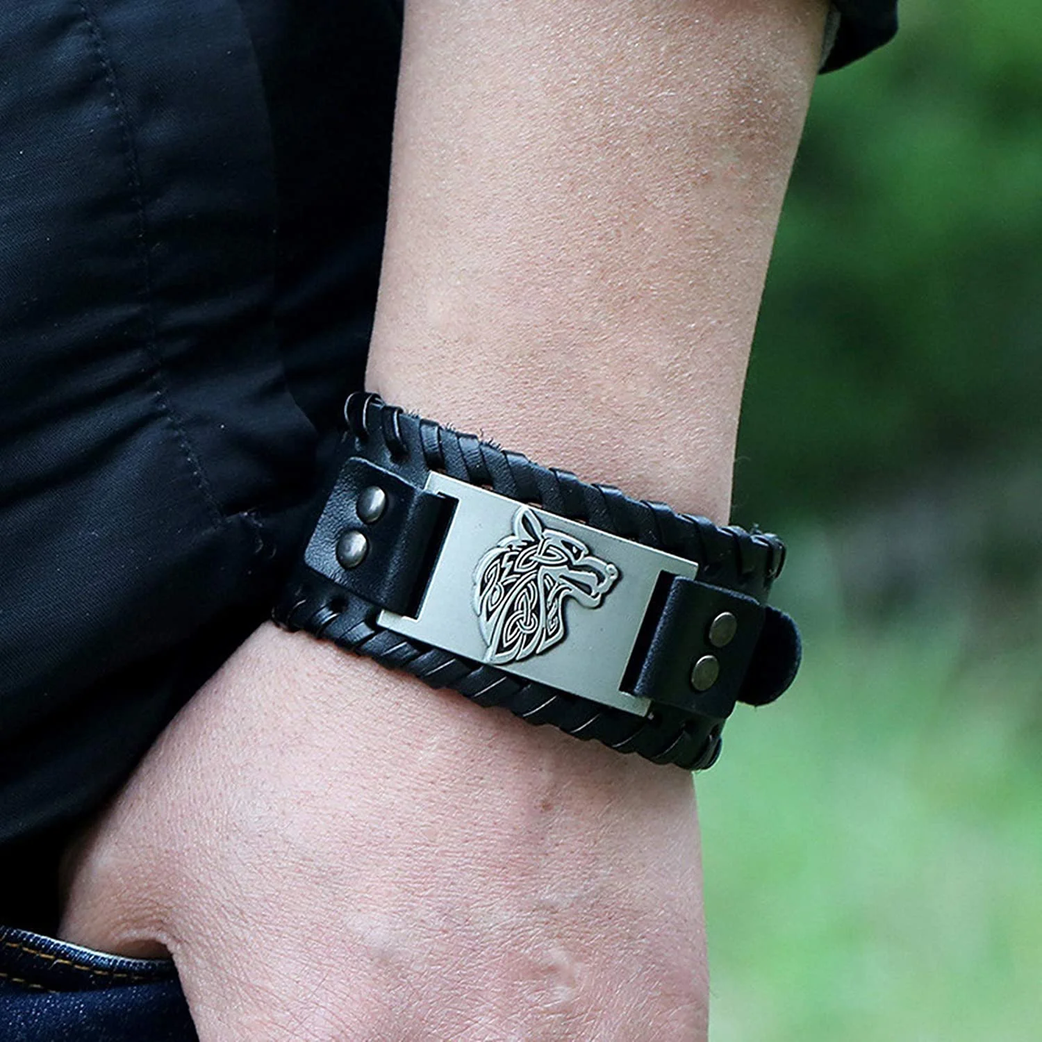 Wide leather wolf bracelet